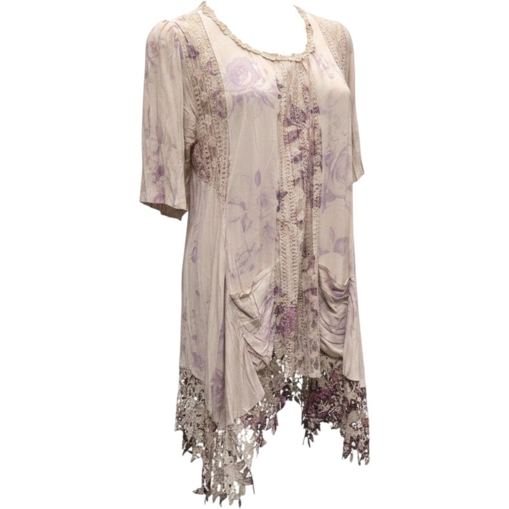 Victorian House Branson Romantic Floral Lace Trim Boho Tunic Top Cream Purple OS